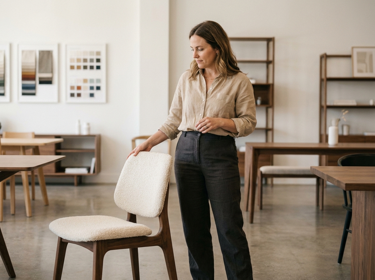 Femme examinant une chaise de salle à manger contemporaine en noyer et tissu bouclé dans un showroom de mobilier design