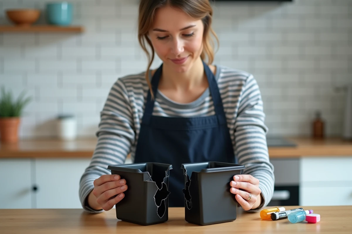 Femme examinant une cassure de plastique noir avant de choisir la meilleure colle pour une réparation rapide en cuisine