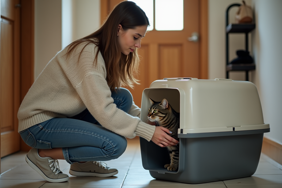 Jeune femme aidant un chat dans une cage de transport