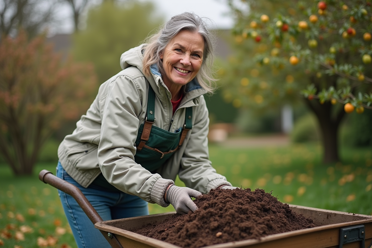 Femme en vêtements de jardinage vidant compost dans un jardin