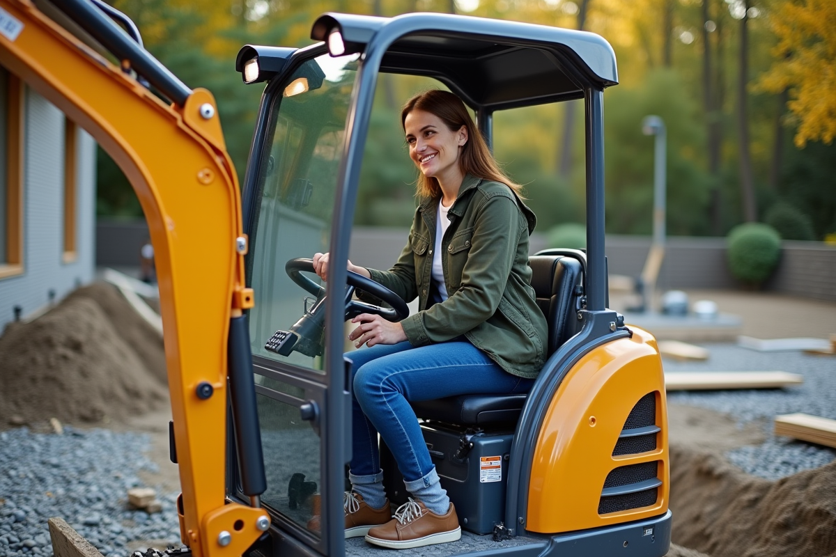 Femme dans cabine de miniexcavateur en chantier