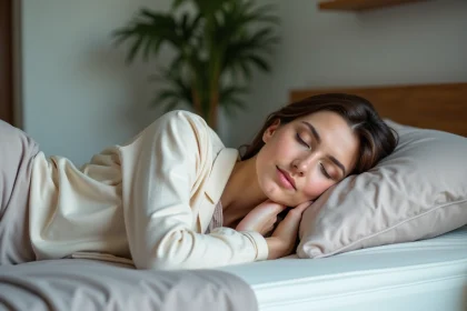 Femme d'âge moyen en pyjama sur un matelas moderne