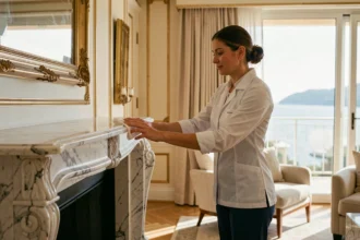 Femme de ménage professionnelle en uniforme blanc nettoyant une cheminée en marbre dans un appartement de luxe à Monaco avec vue sur la mer