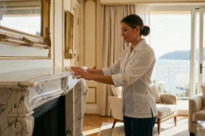 Femme de ménage professionnelle en uniforme blanc nettoyant une cheminée en marbre dans un appartement de luxe à Monaco avec vue sur la mer
