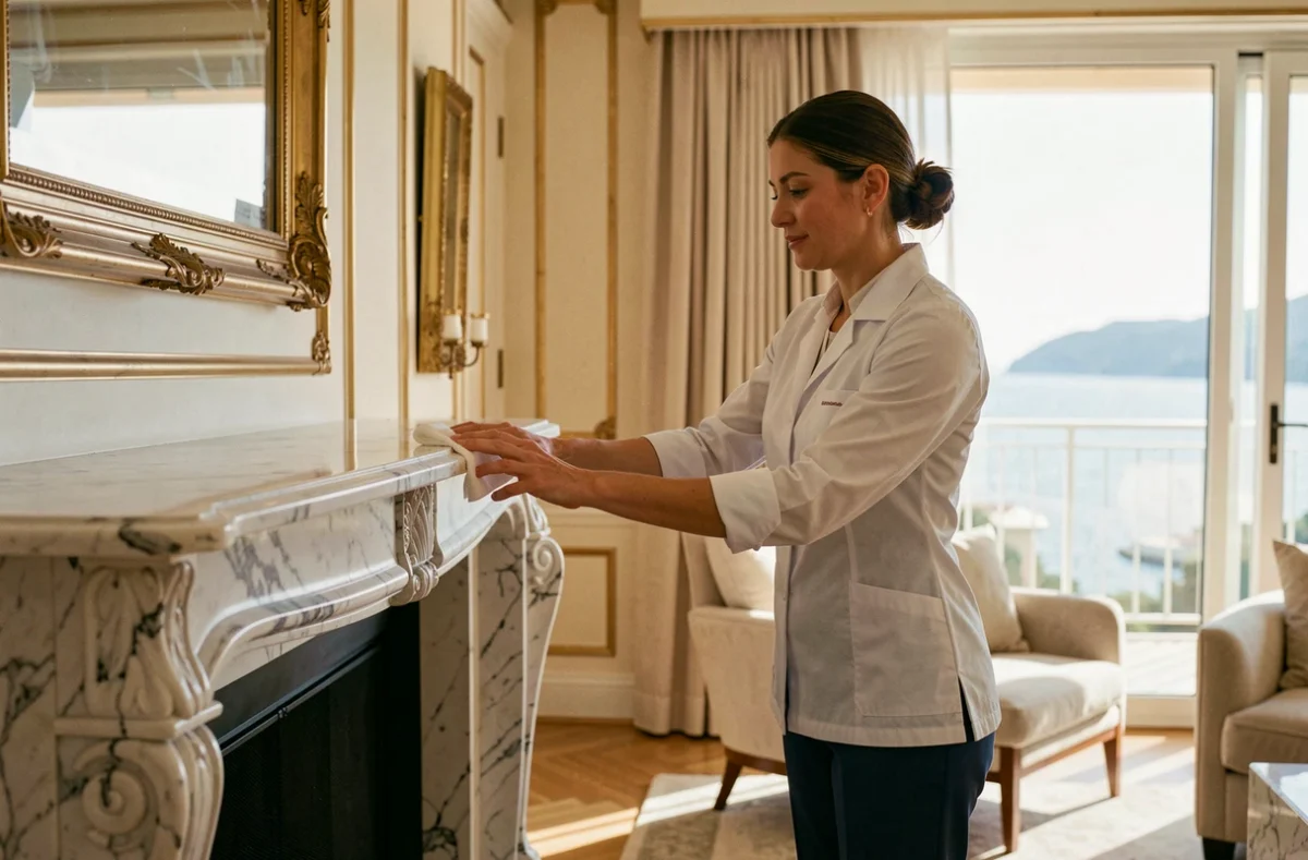 Femme de ménage professionnelle en uniforme blanc nettoyant une cheminée en marbre dans un appartement de luxe à Monaco avec vue sur la mer