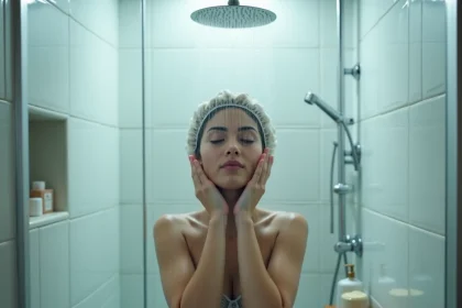 Femme sous la douche dans une salle de bain moderne avec cabine en verre et carrelage blanc