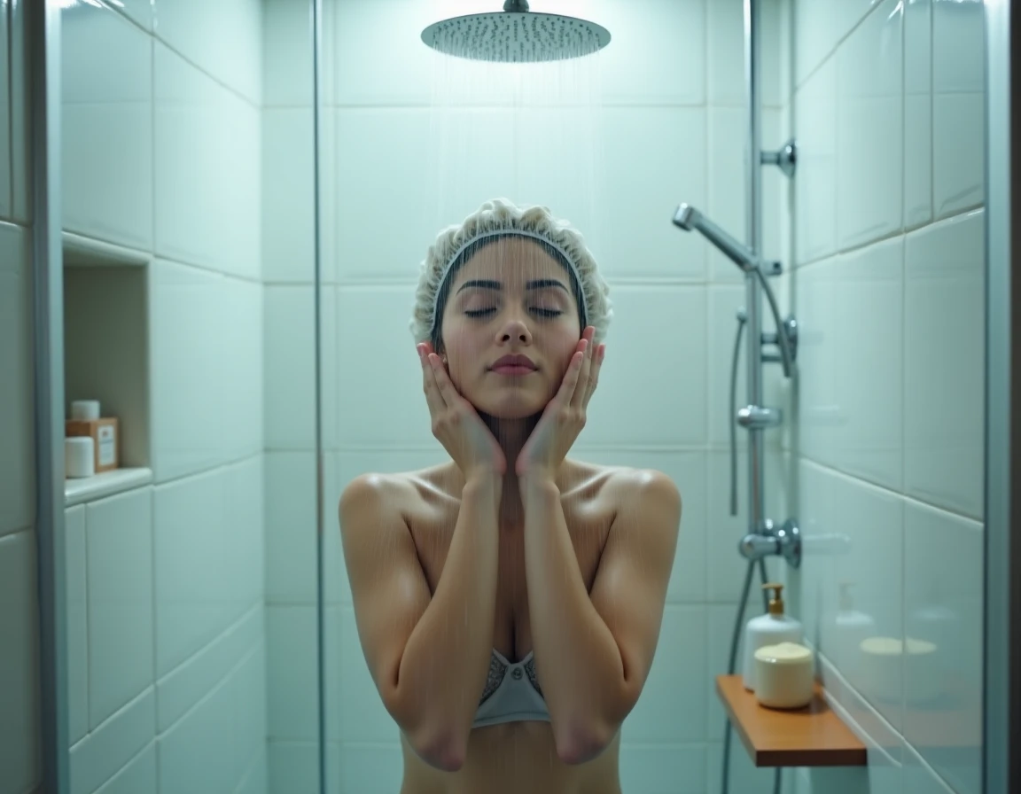 Femme sous la douche dans une salle de bain moderne avec cabine en verre et carrelage blanc