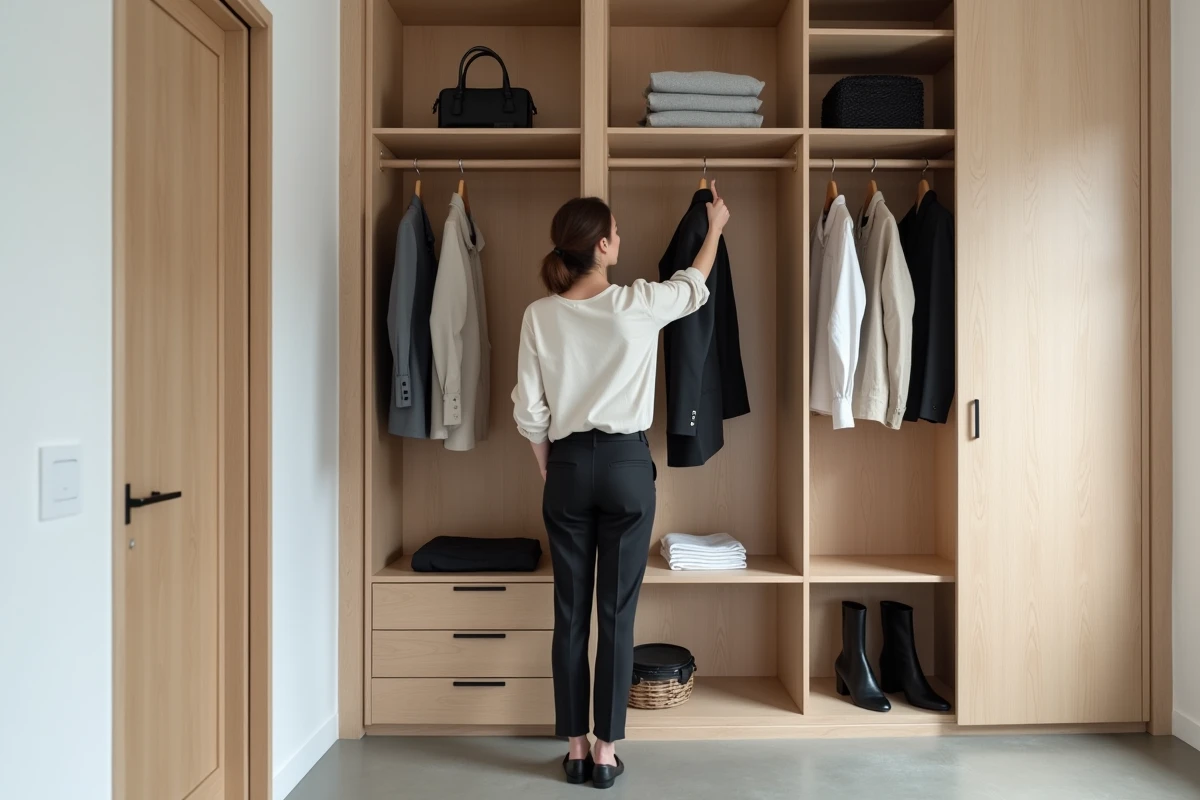 Femme sélectionnant une veste dans un dressing sur mesure en chêne naturel aménagé dans un couloir d'entrée de style scandinave