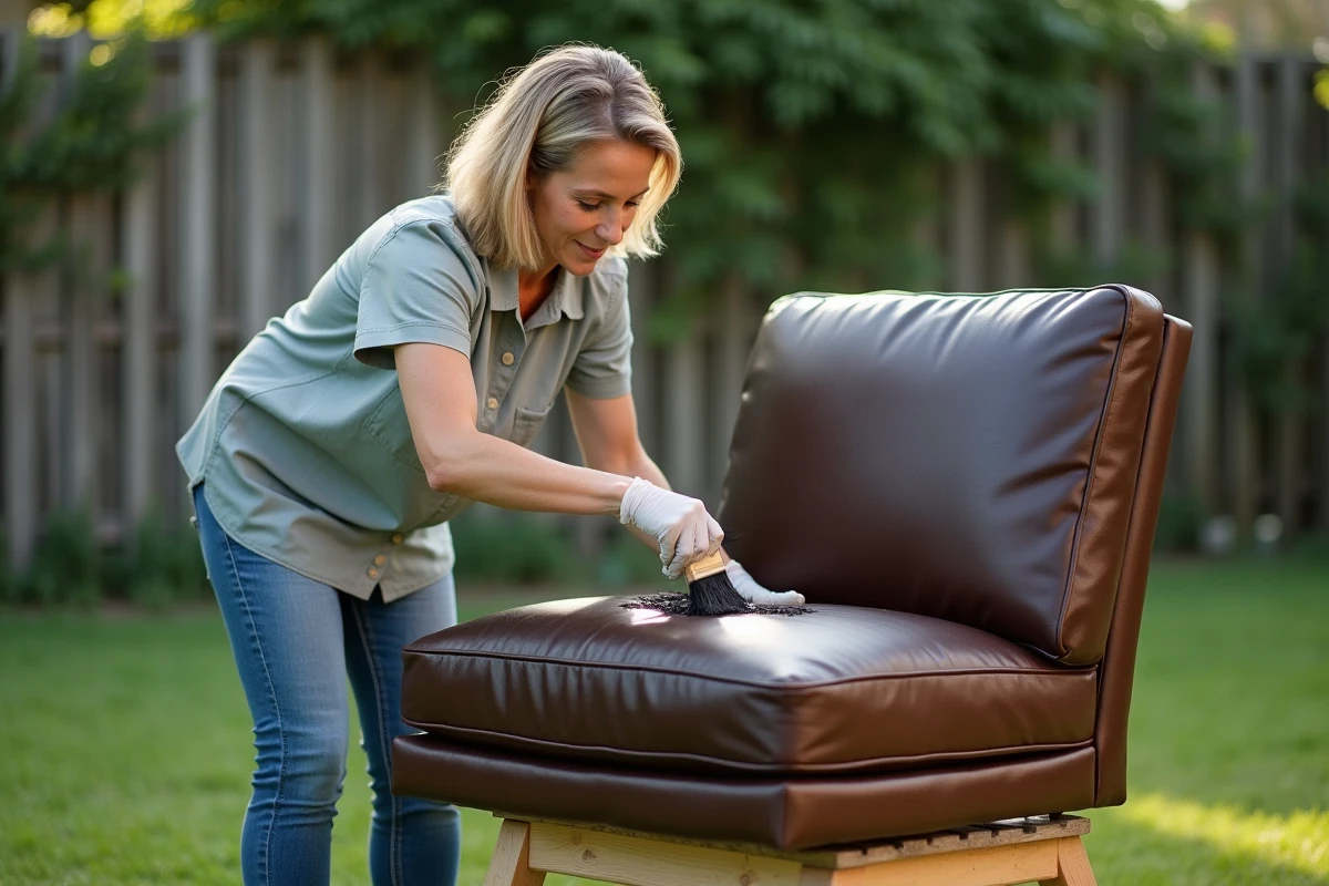 Femme appliquant de la teinture sur un coussin en cuir extérieur