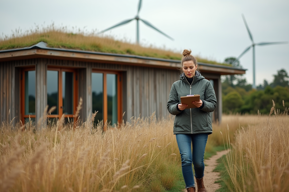 Femme en extérieur près d'une maison écologique moderne