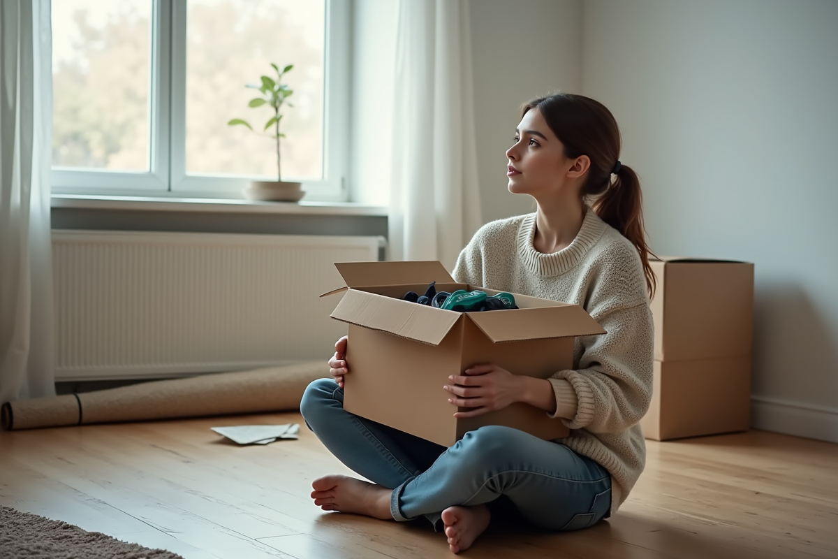 Jeune femme pensant dans un appartement vide avec carton