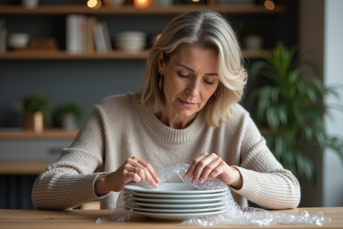 Femme emballant des assiettes en porcelaine avec du papier bulle