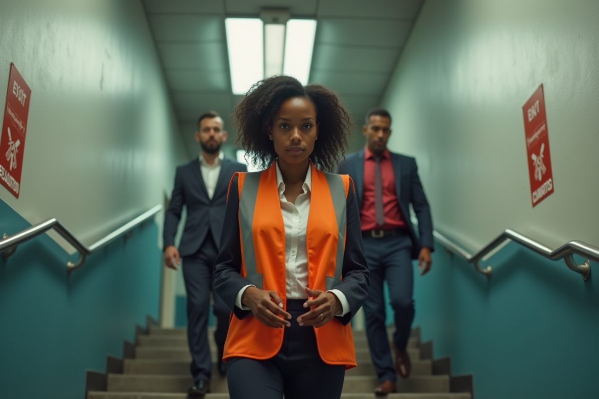 Jeune femme dirigeant une évacuation dans un escalier