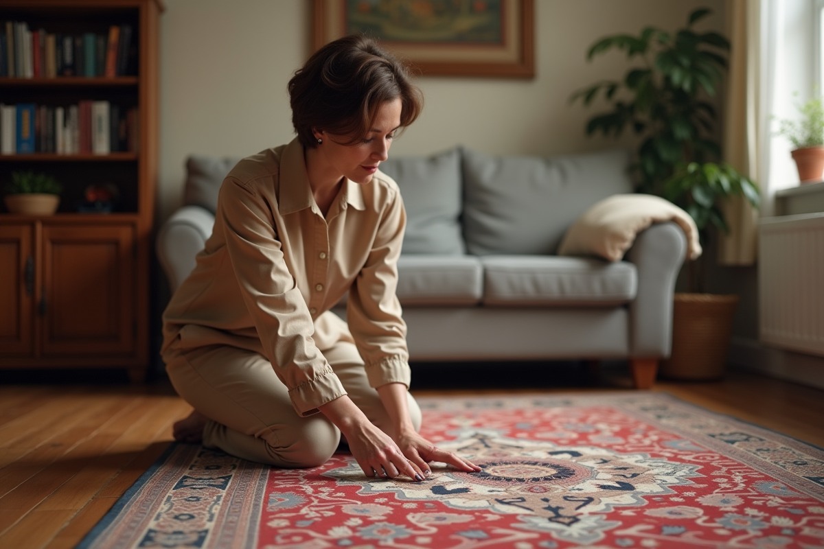 Femme examinant un tapis persan dans un salon chaleureux