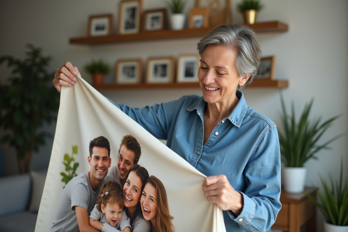 Femme regardant un tissu imprimé de photos de famille