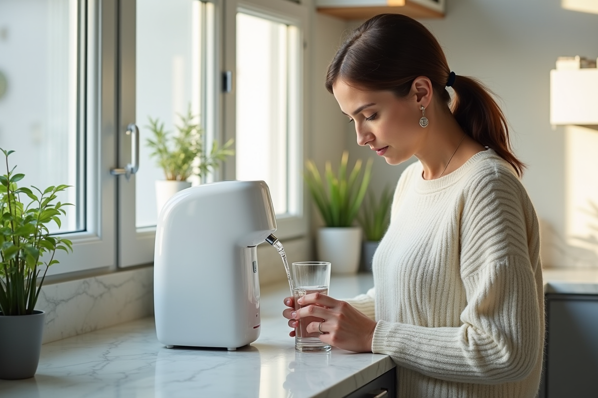 Femme inspectant un filtre à eau moderne dans la cuisine
