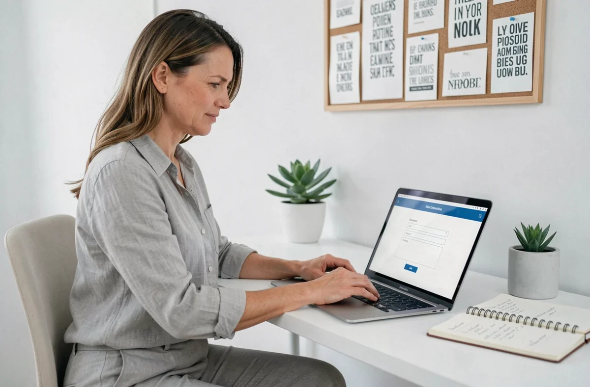Femme remplissant un formulaire de contact artisan en ligne sur un ordinateur portable dans un bureau minimaliste à la maison