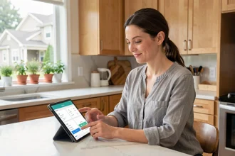 Femme gérant la vie de la maison via une application sur tablette dans une cuisine moderne en bois et marbre