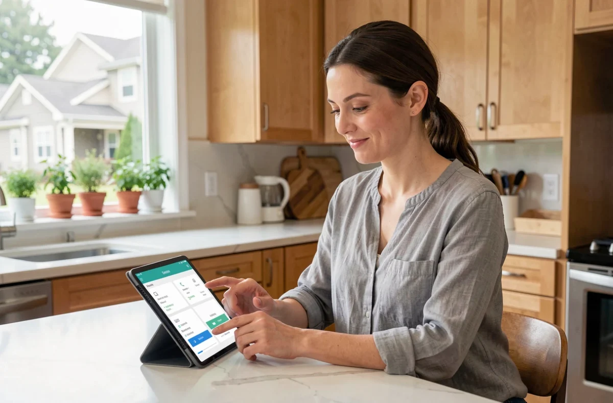 Femme gérant la vie de la maison via une application sur tablette dans une cuisine moderne en bois et marbre