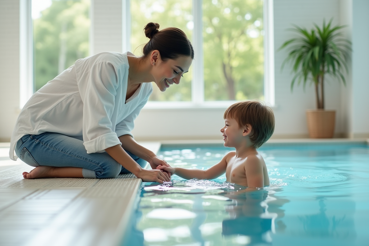 Femme aidant son enfant à toucher l