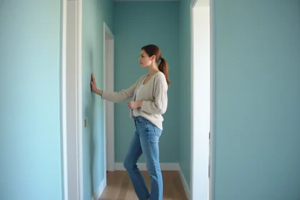 Femme inspectant un couloir peint en bleu mat