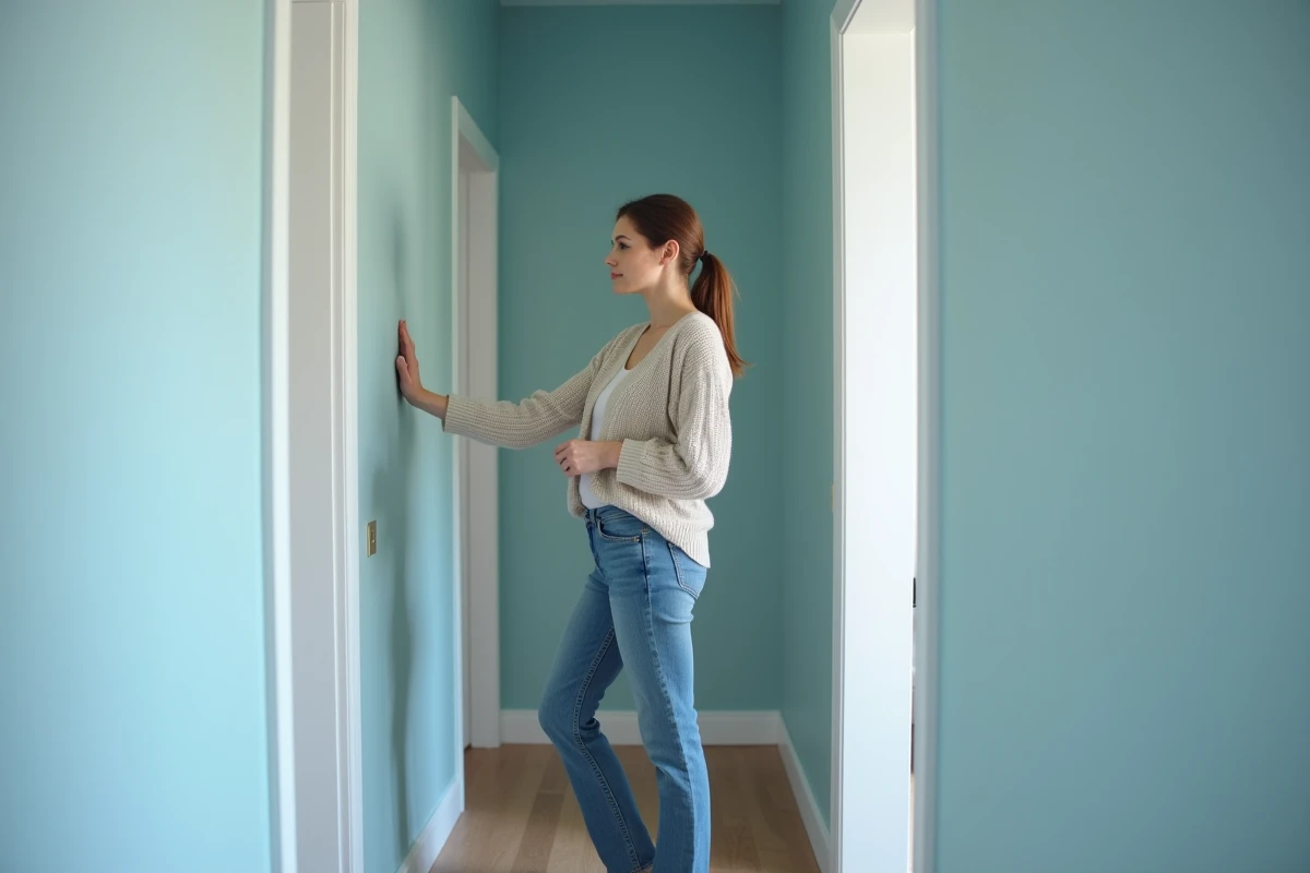 Femme inspectant un couloir peint en bleu mat