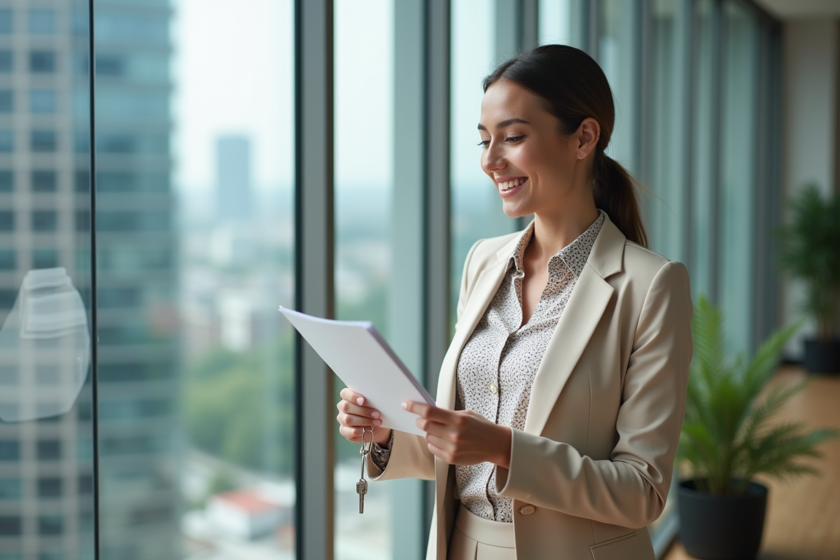 Femme en blazer remettant des clés à un client dans un bureau immobilier