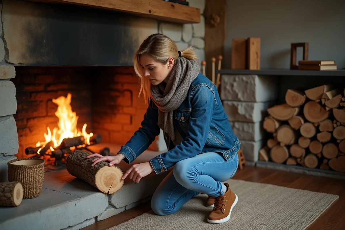 Femme vérifie un bois dans la cheminée intérieure
