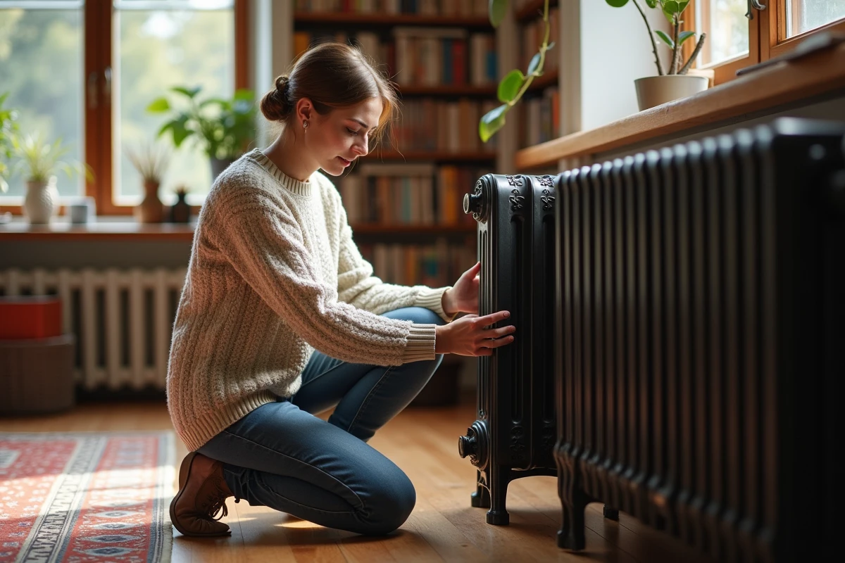 Femme vérifiant un radiateur ancien dans un salon chaleureux