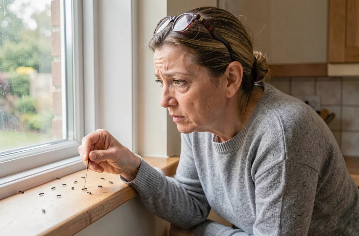 Femme inspectant des petits insectes noirs sur le rebord d'une fenêtre de cuisine