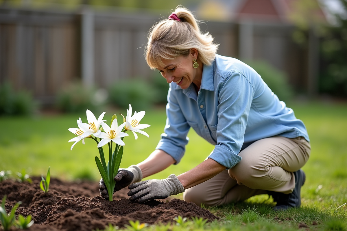 Femme plantant un lys dans un jardin en extérieur