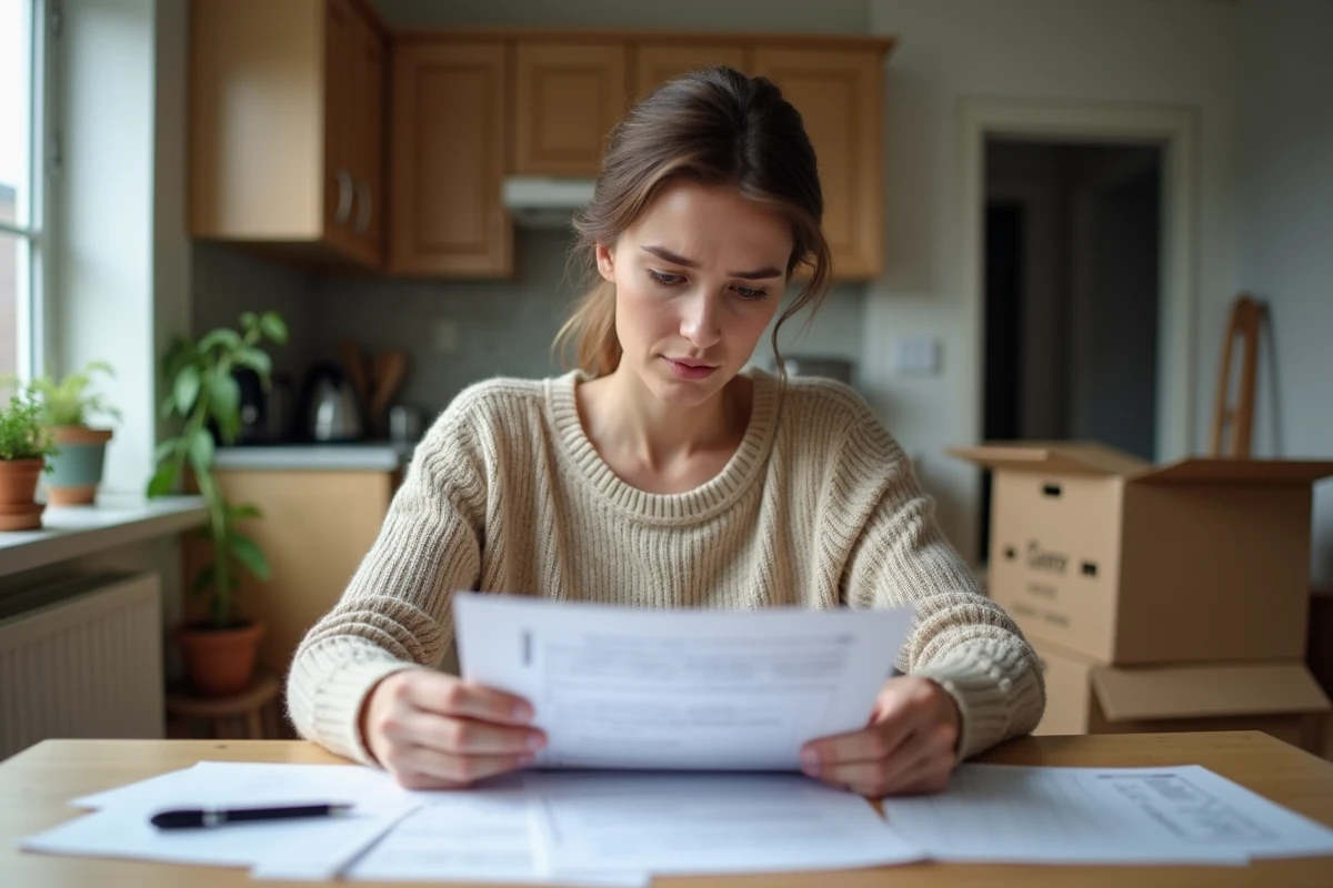 Femme de 30 ans lisant des papiers dans la cuisine chaleureuse