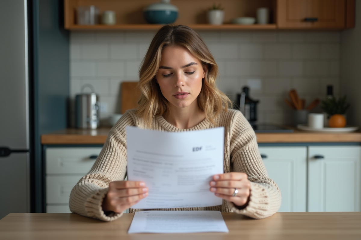 Jeune femme lisant un document EDF dans sa cuisine