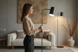 Femme en intérieur ajustant un lampadaire moderne dans un salon