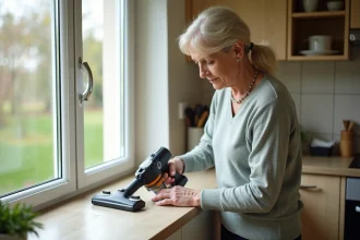 Femme inspectant une fenetre avec un aspirateur dans une cuisine lumineuse