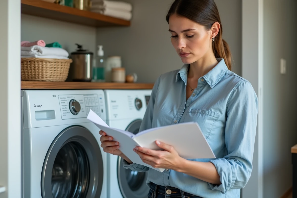 Femme consultant la notice d'utilisation d'un lave-linge Whirlpool 9 kg dans une buanderie domestique organisée