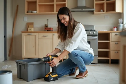Femme souriante examine une perceuse dans une cuisine en r&eacute;novation