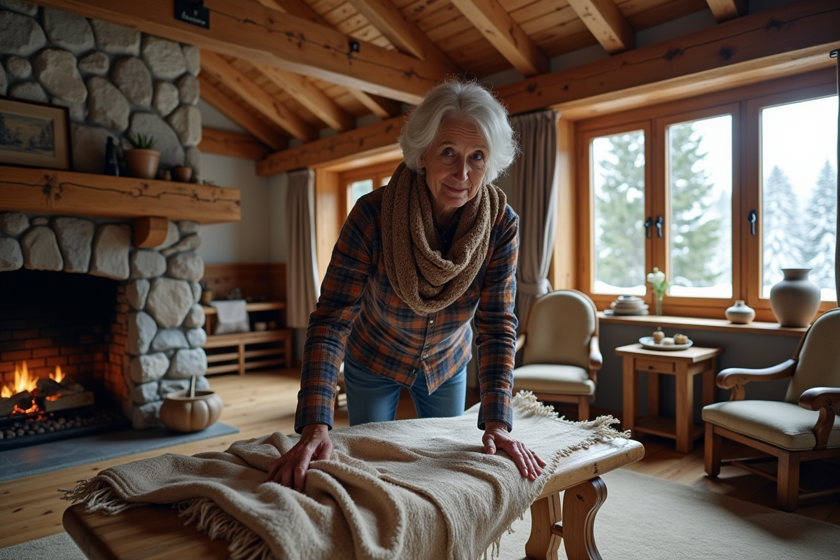 Femme arrangeant une couverture dans un intérieur montagnard