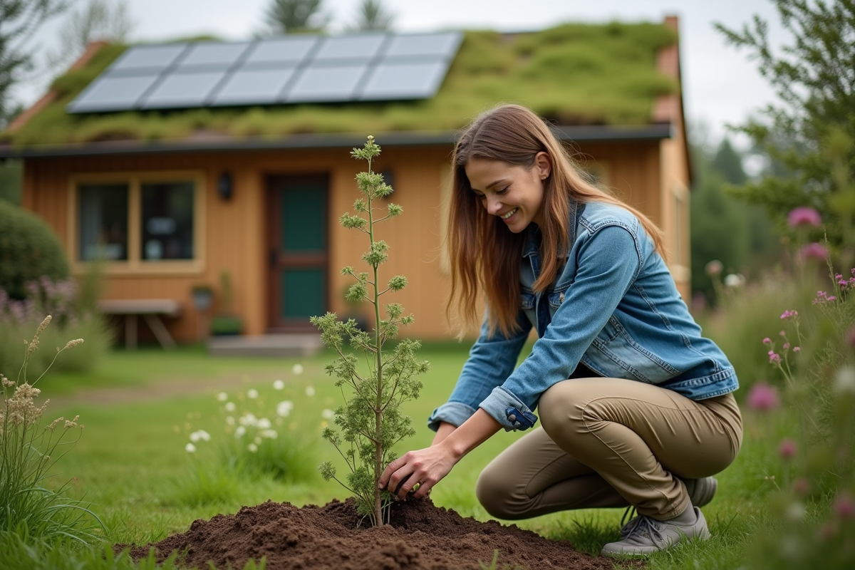 Jeune femme plantant un arbuste devant une maison écologique