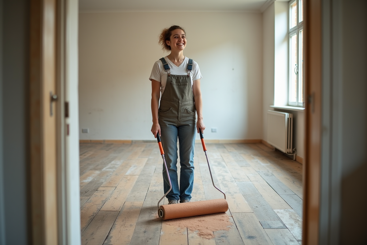 Jeune femme souriante renovant un parquet en bois