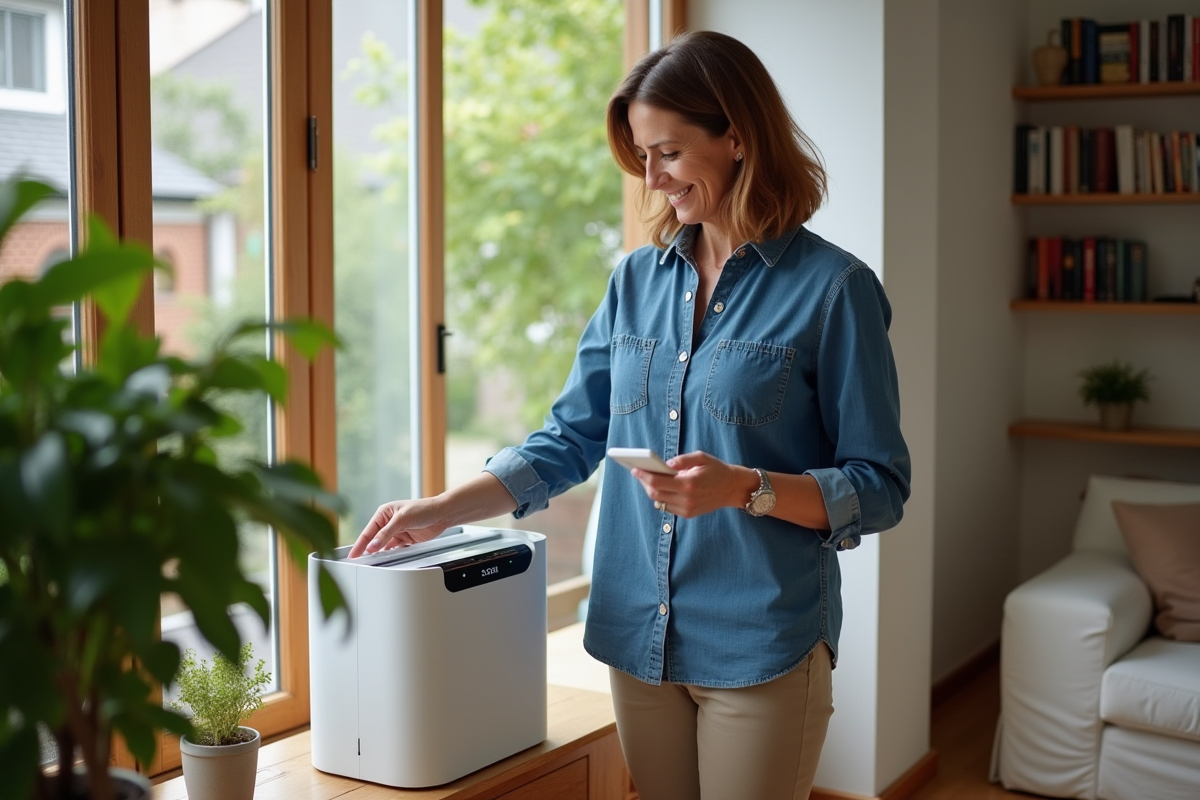 Femme vérifiant un purificateur d'air au CO2 dans son salon
