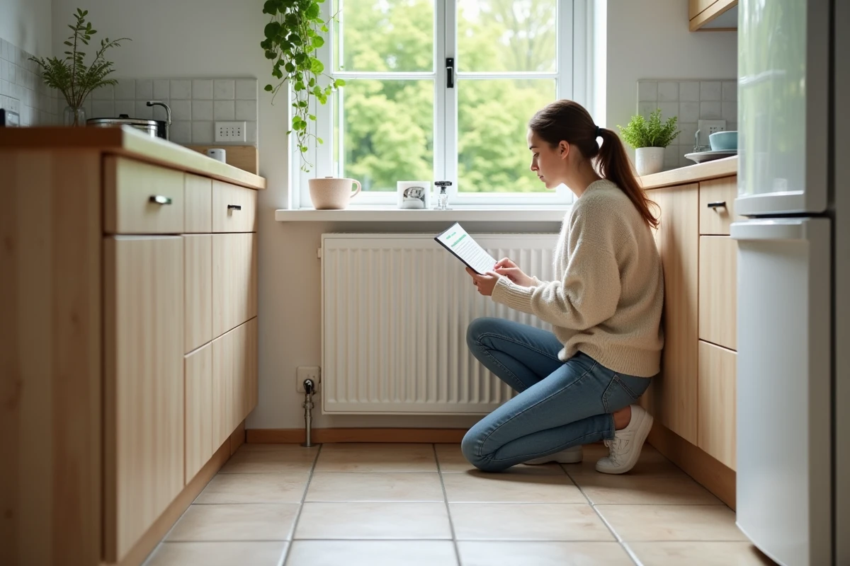 Jeune femme examine &eacute;tiquette &eacute;nergie dans cuisine contemporaine