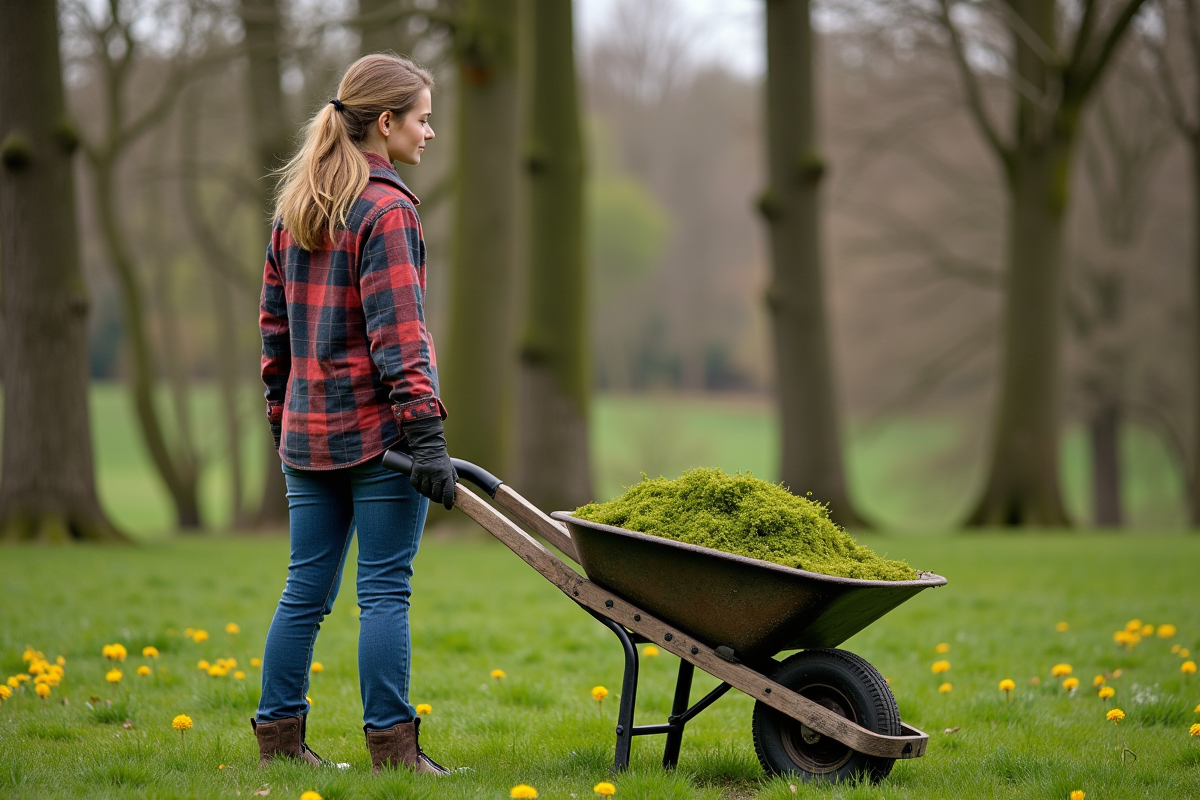 Jeune femme avec brouette de mousse dans un parc au printemps