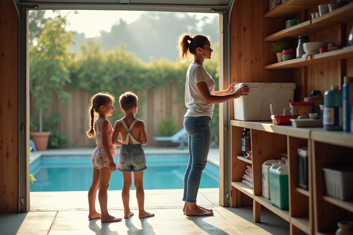 Femme d&eacute;posant une bo&icirc;te de produits chimiques dans le garage