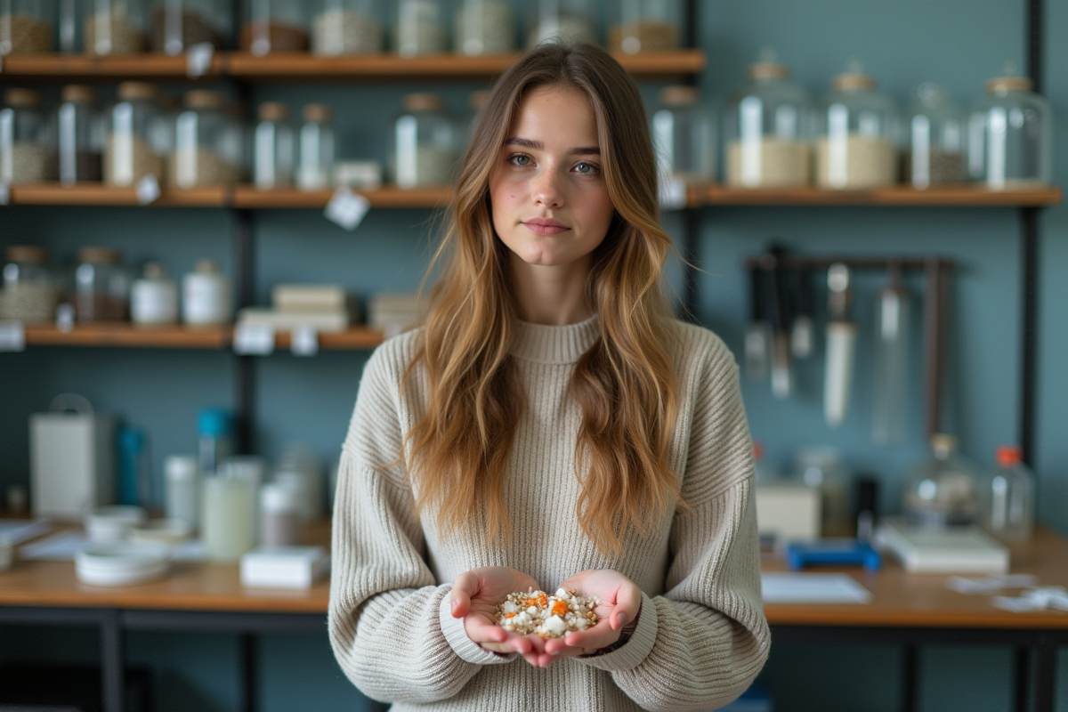Jeune femme tenant des microplastiques dans un laboratoire environnemental
