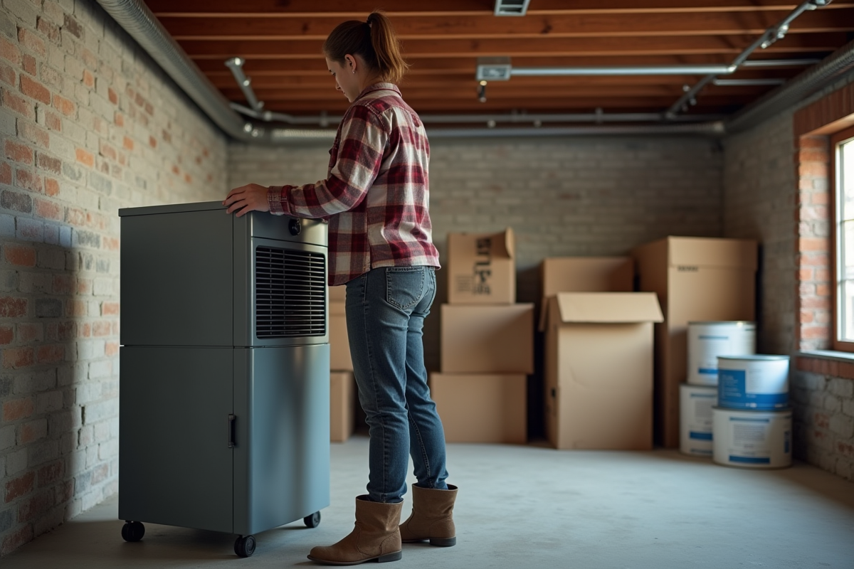 Jeune femme ajuste un déshumidificateur dans un sous-sol