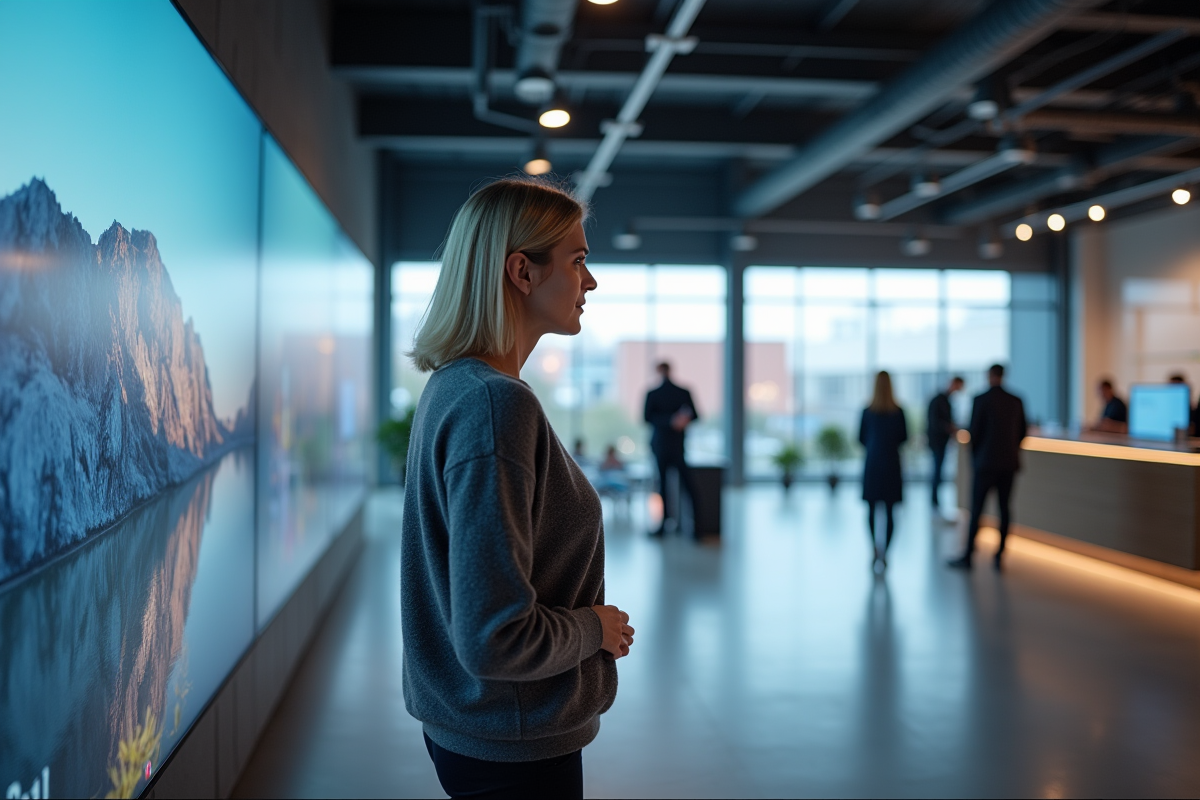 Femme dans un showroom examinant une télévision incurvée