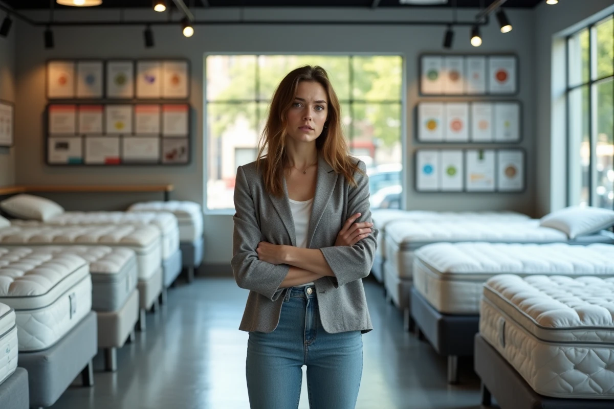 Jeune femme dans un showroom de matelas avec des certifications visibles