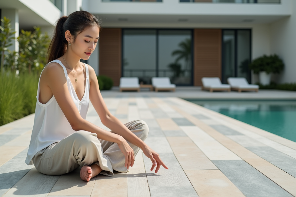 Femme examinant la surface du carrelage de la terrasse