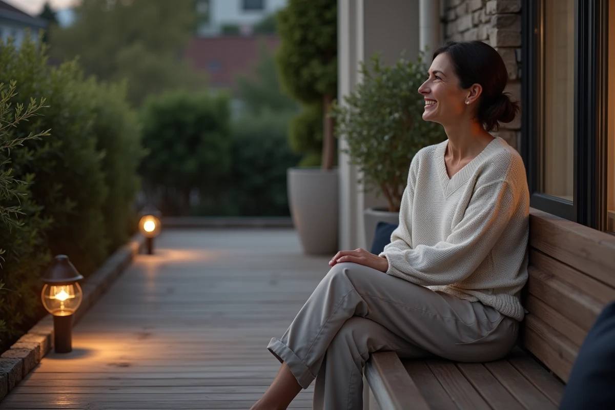 Femme assise sur terrasse avec spots encastrés allumés